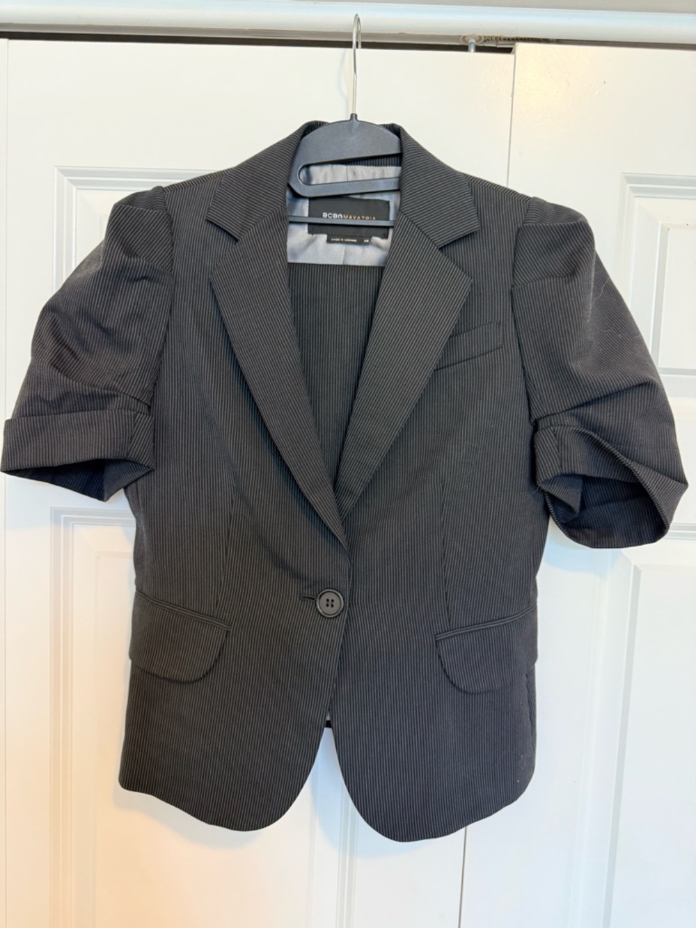 BCBGMAXAZRIA Women's Black Gray Pinstripe Short-Sleeve Blazer